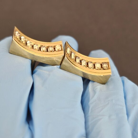 Vintage Swank Cufflinks Baguette Clear Rhinestone Gold Tone Rectangle Curved MCM - Picture 10 of 11